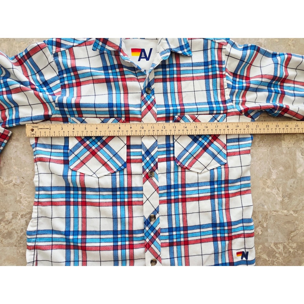 Aviator Nation Mens Plaid Flannel Shirt Red Blue White Frayed Hem Small USA - Picture 7 of 14